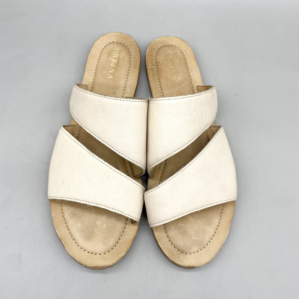 Patina Womens 10 Two Strap Flat Slide Sandals Cream Leather Minimalist Casual